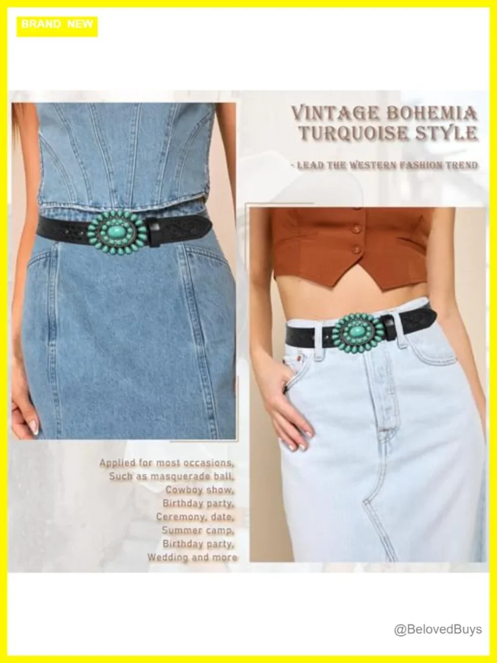 Faux Leather Western Belt Turquoise Studded for Women Men Cowgirl